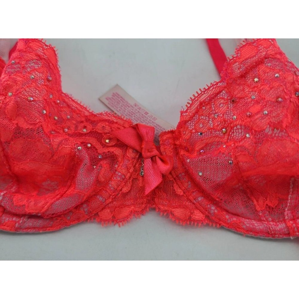 Victoria’s Secret Very Sexy Unlined Demi Neon Pink Sheer Lace Bra Size 32B - Picture 3 of 9